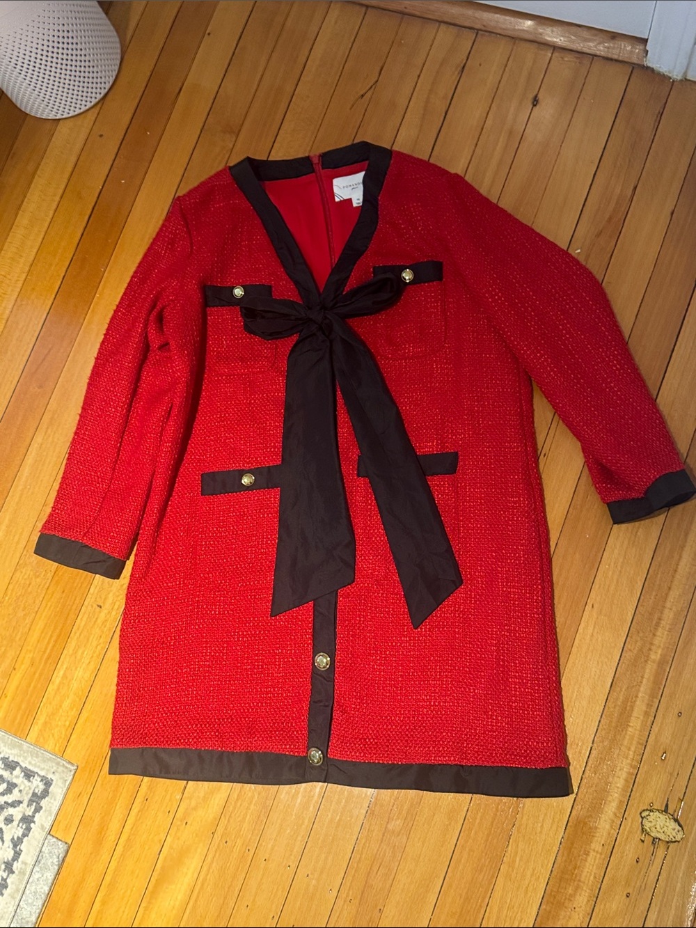 Pomander Place Red Long-Sleeve Bouclé Dress with Black Trim and Bow